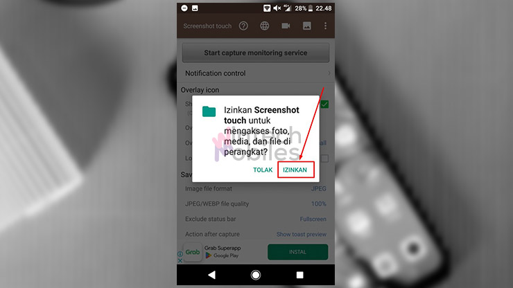 Izinkan Screenshot Touch mengakses media sebagai tempat penyimpanan hasil Screenshot